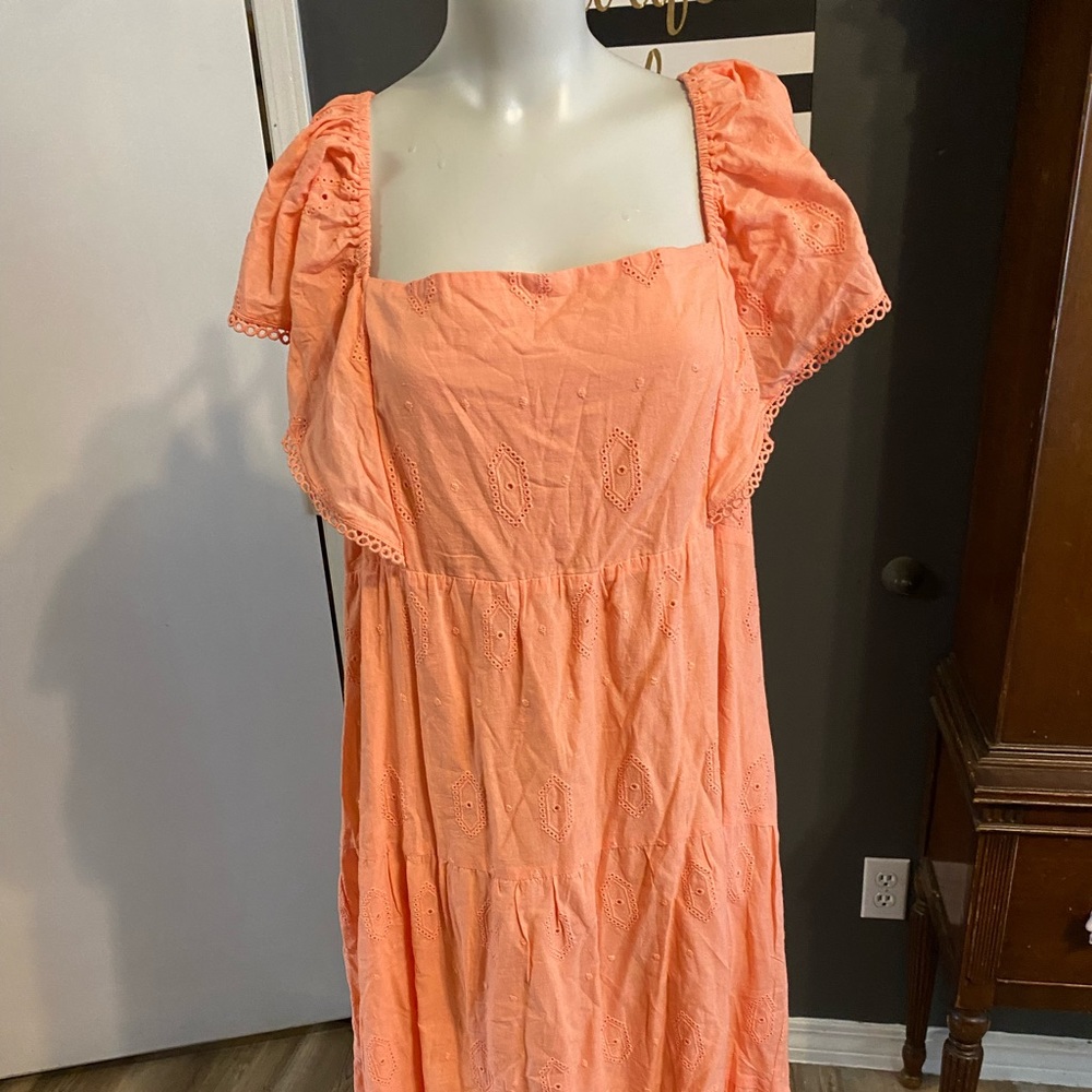 Caslon Sz XXL Orange Eyelet Maxi Dress Flutter Sleeve Smocking Boho Festival